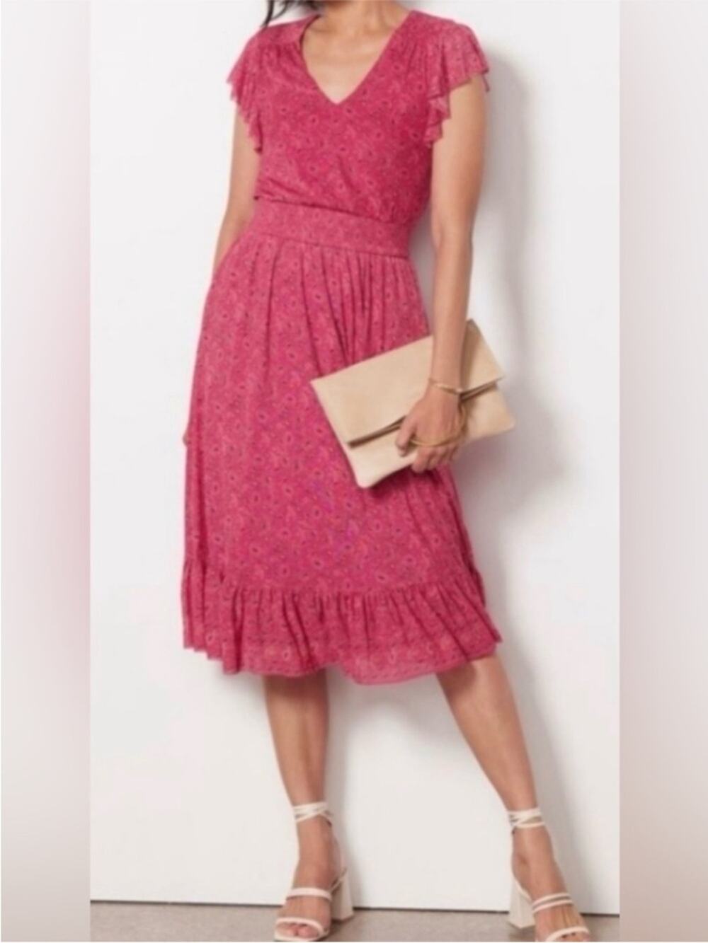 Evereve Feminine Pink Mesh Elena Floral Midi Dress with Flutter Sleeves, Size S
